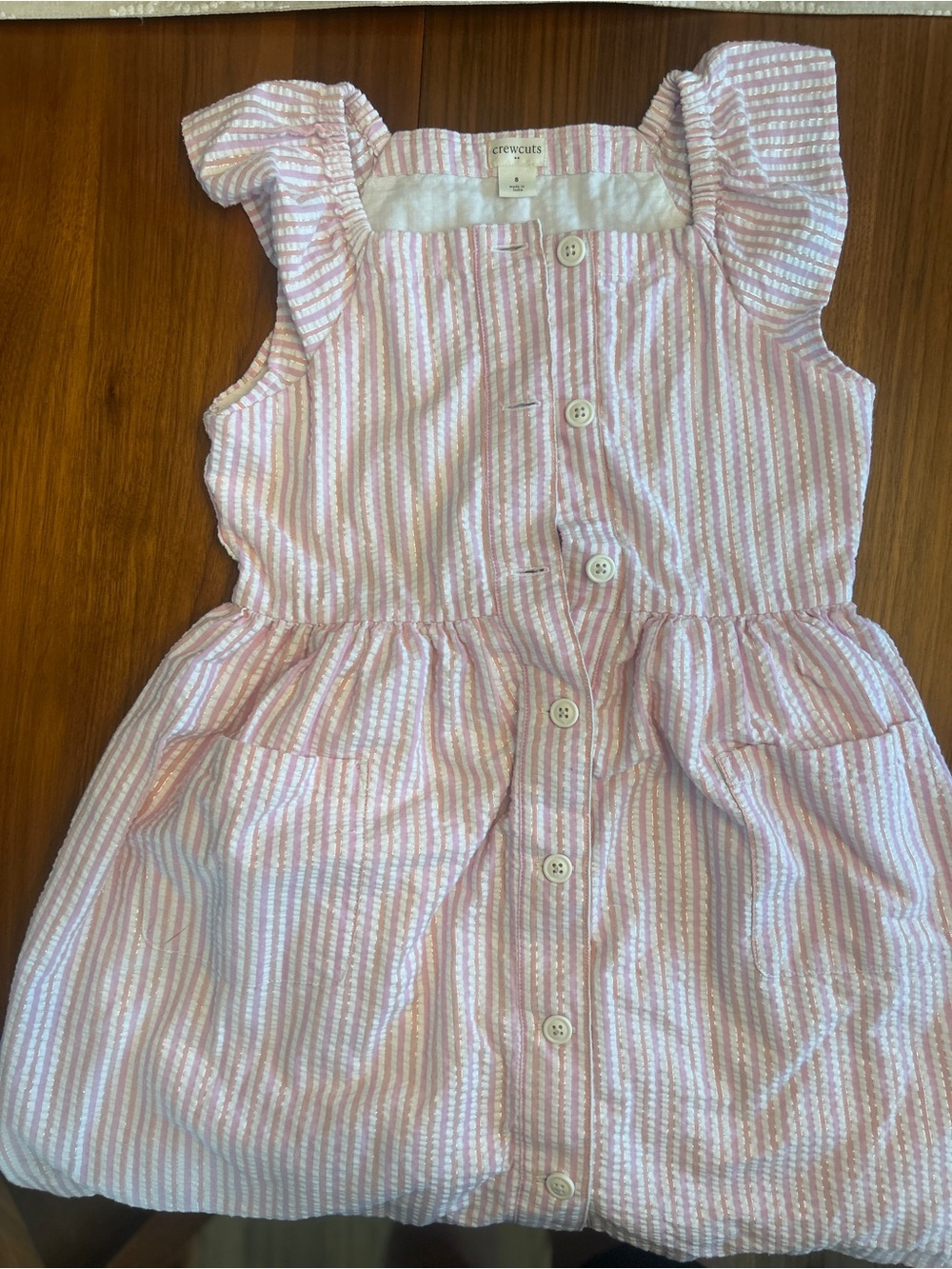 Crewcuts Pink and White Striped Button Dress with Flutter Shoulders